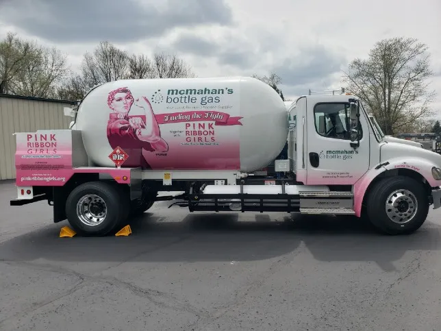 McMahon’s Bottle Gas propane truck with pink breast cancer awareness wrap parked outdoors